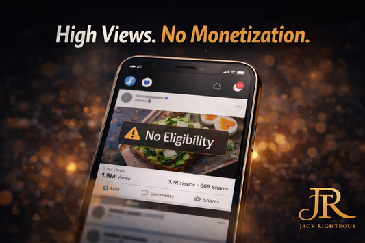 Facebook post with high views but no monetization eligibility, highlighting AI content issue and creator branding problem