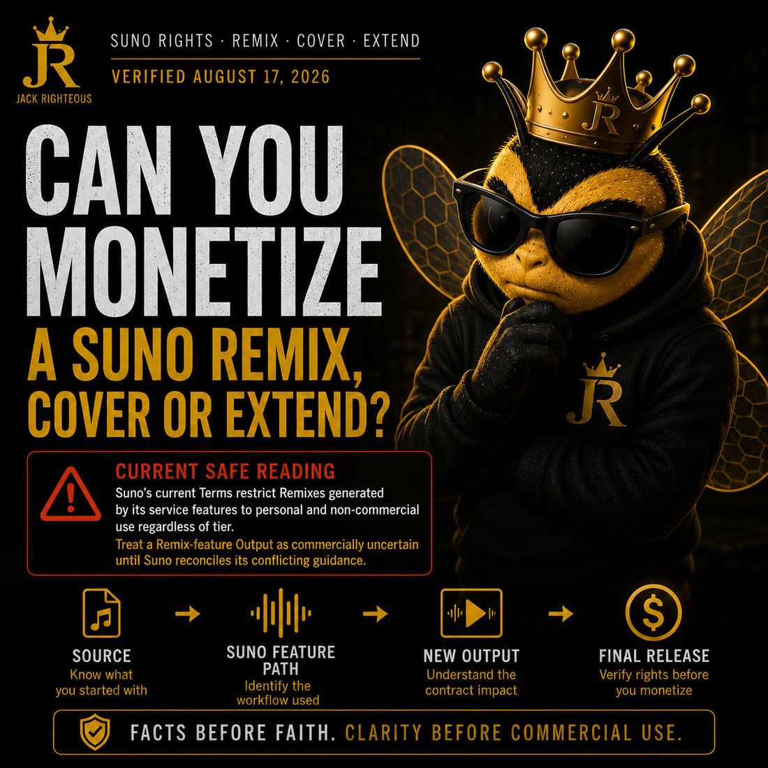 Suno 2026 remix, Cover and Extend rights guide explaining Remix/Edit menu labels, contractual Remix rules and commercial-use checks
