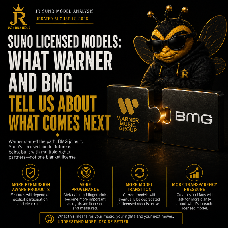 Suno licensed models guide explaining Warner and BMG agreements, creator implications and what remains unknown