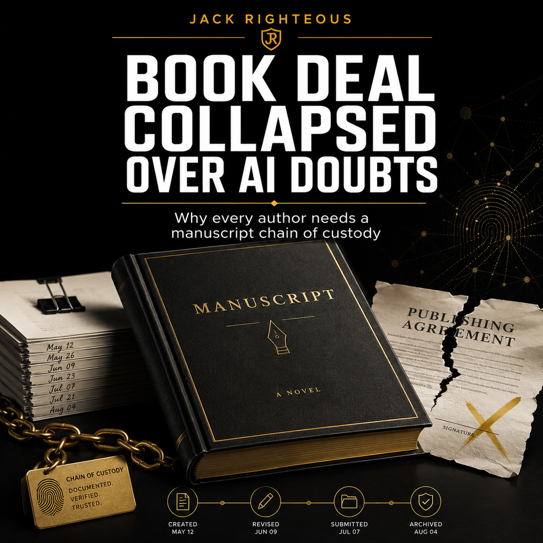 Black and gold cover showing a manuscript, torn publishing deal, and chain-of-custody timeline.