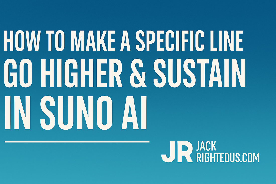 Suno AI tutorial cover image showing guide title 'How to Make a Specific Line Go Higher & Sustain in Suno AI' with JR logo and JackRighteous.com branding, optimized for 16:9 blog display.