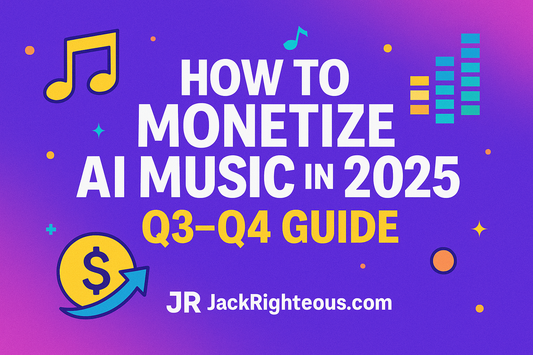 Colorful digital graphic showing creative AI music monetization paths with JR branding and JackRighteous.com logo, optimized 16:9 for blog cover.