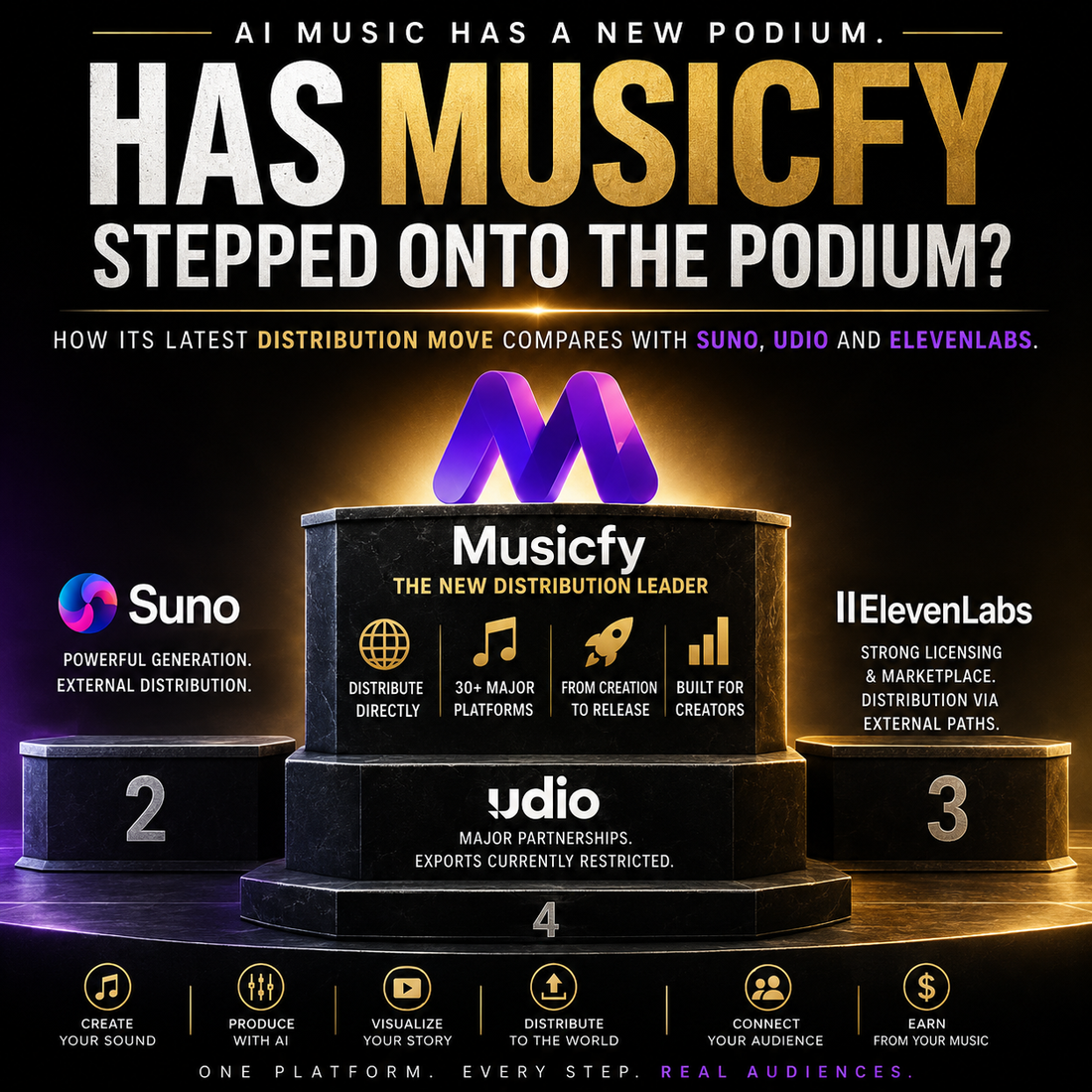 Has Musicfy Stepped Onto the AI Music Podium? How Its Latest Distribution Move Compares With Suno, Udio and ElevenLabs