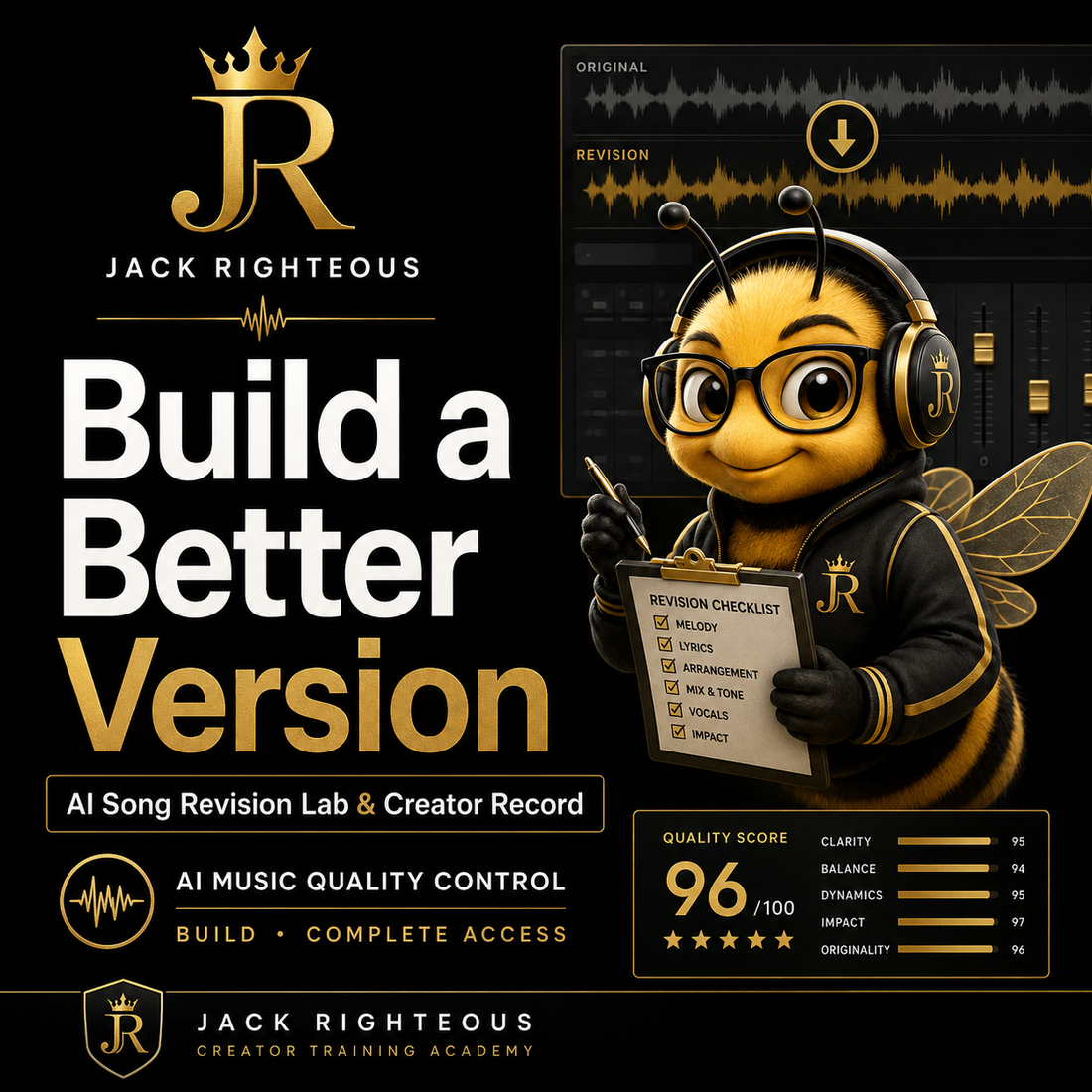 Bee Righteous reviews an AI song revision checklist beside waveforms on a black-and-gold Jack Righteous cover.