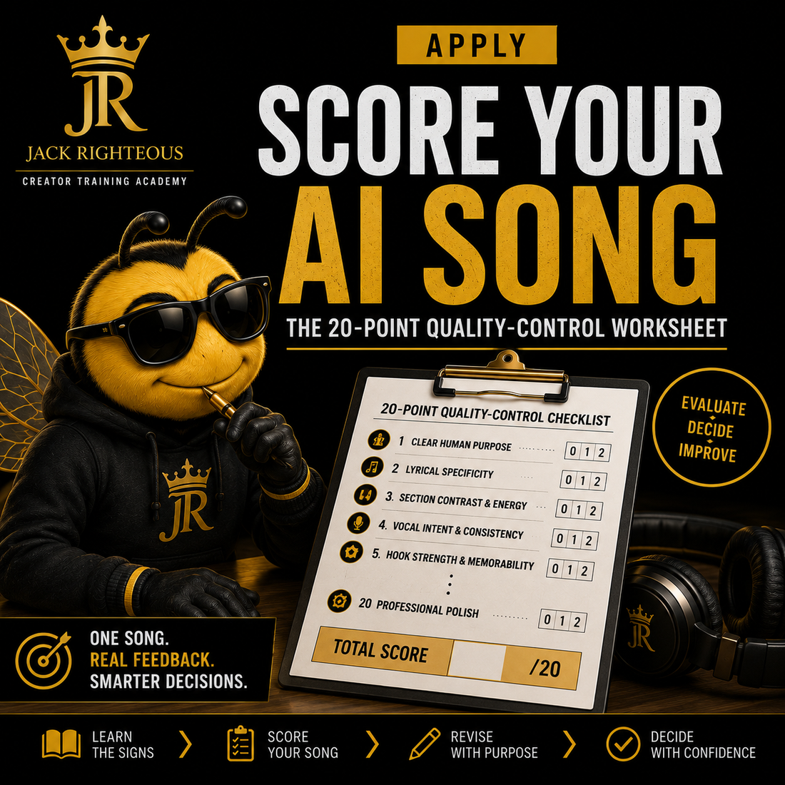 Bee Righteous scores an AI-assisted song using Jack Righteous’s 20-point music quality-control worksheet.
