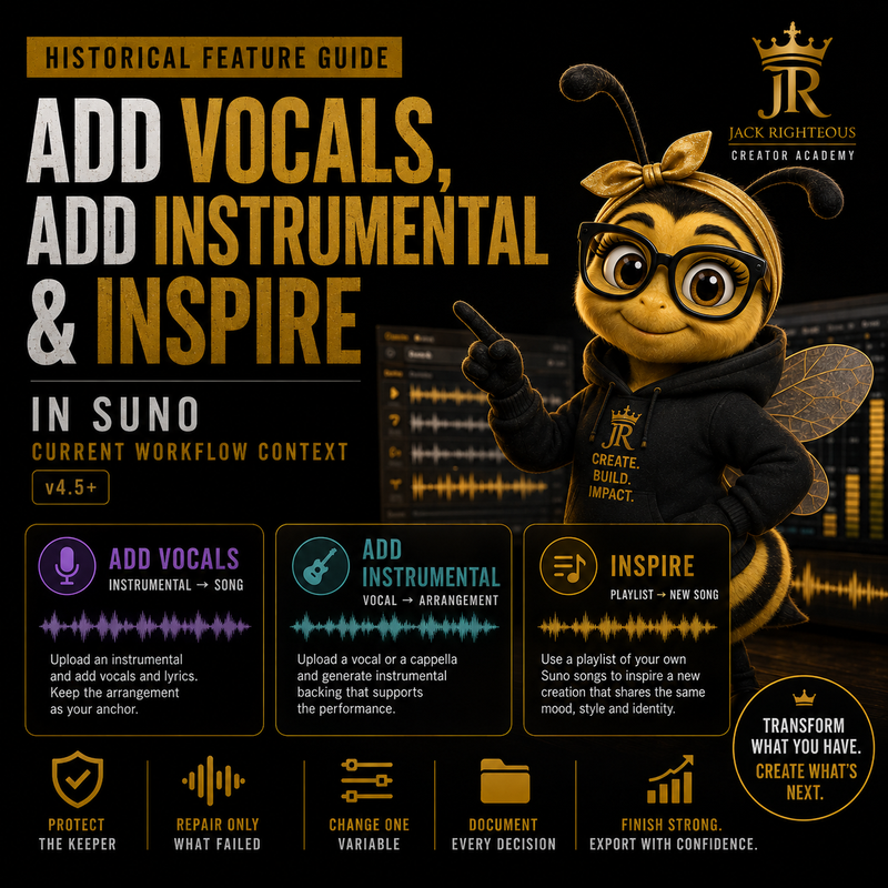 Bee Righteous explains Suno Add Vocals, Add Instrumental and Inspire workflows for transforming existing music into new songs.