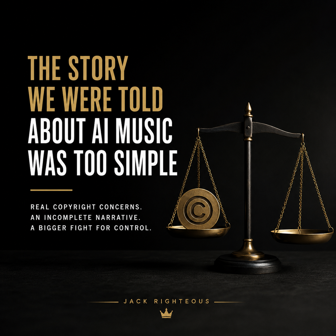 **AI music copyright debate with balance scale illustrating creator rights, licensing and industry control.**