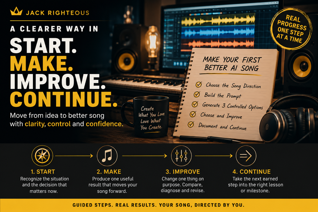 A clearer Jack Righteous AI creator training pathway showing creators how to start, make, improve and continue through a guided five-step AI song development process.