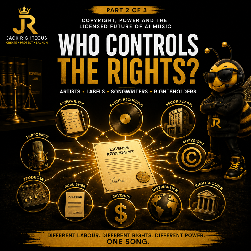 AI music rights cover showing artists, labels, songwriters and rightsholders connected through one licensing agreement.