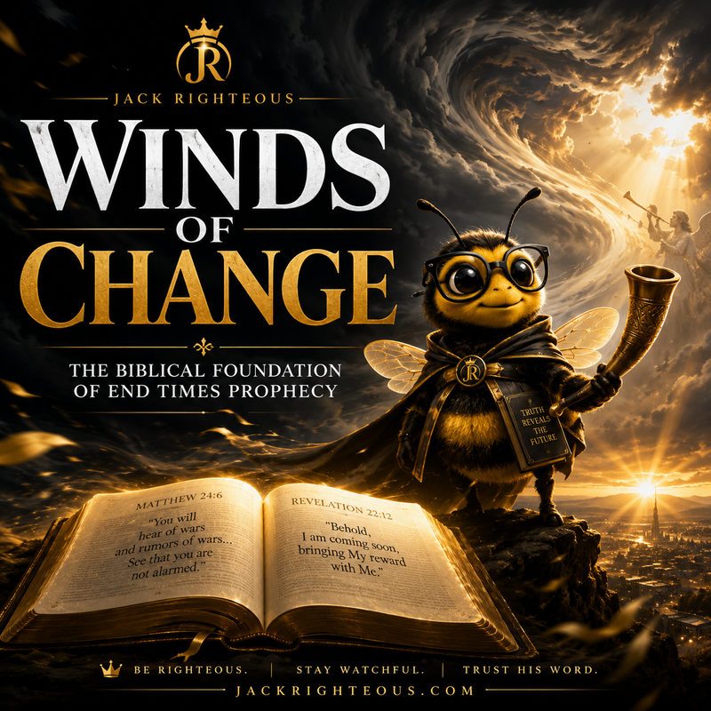 Bee Righteous studies biblical end-times prophecy as winds swirl, light breaks through, and Scripture guides the future.