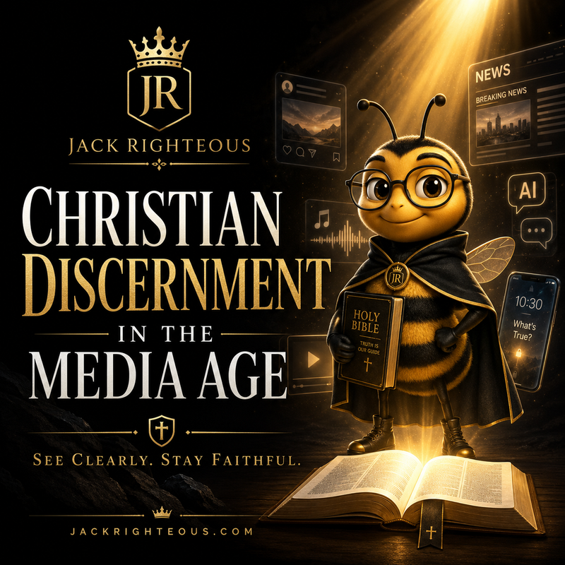 Bee Righteous holds a Bible amid news, AI and social media, symbolizing Christian discernment in the media age.