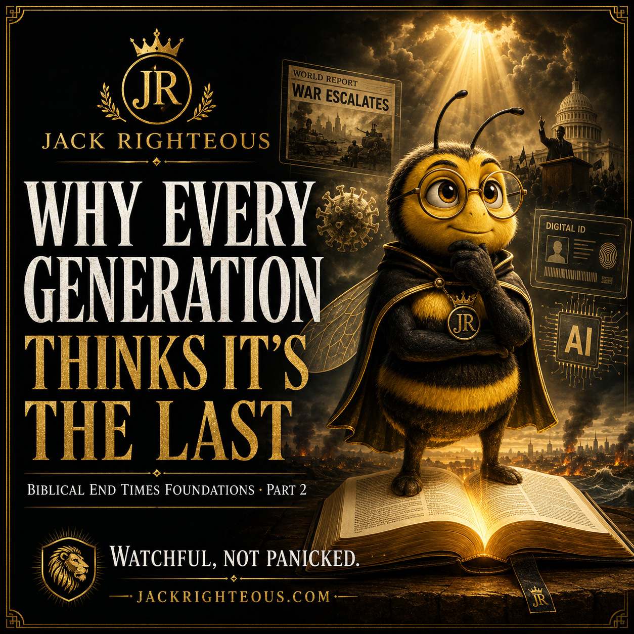 Bee Righteous stands on a glowing Bible amid war, disease, politics and AI, urging watchfulness without panic.