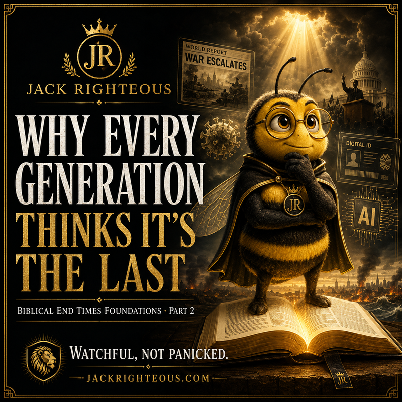 Bee Righteous stands on a glowing Bible amid war, disease, politics and AI, urging watchfulness without panic.