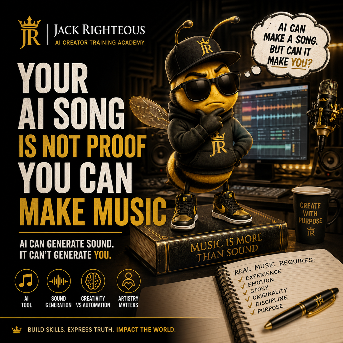 Bee Righteous reflects in a recording studio as AI generates a song, highlighting why real music requires human skill and purpose.