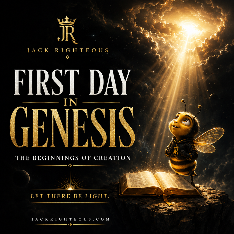 Bee Righteous gazes at divine light over an open Bible, illustrating Genesis Day One and the beginning of creation.