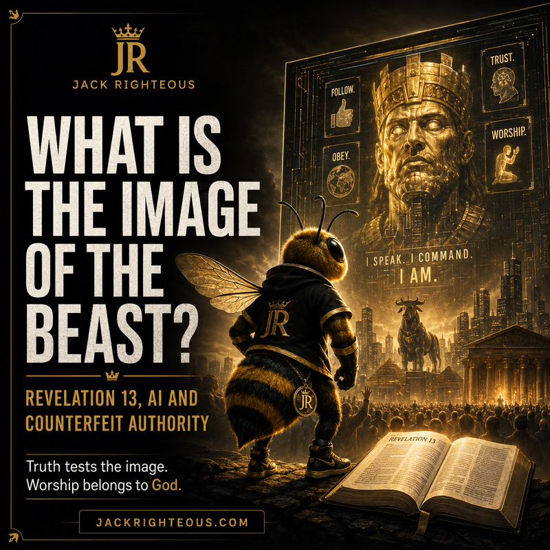 Bee Righteous faces a speaking golden beast image as Revelation 13 warns of AI, idolatry and counterfeit authority.