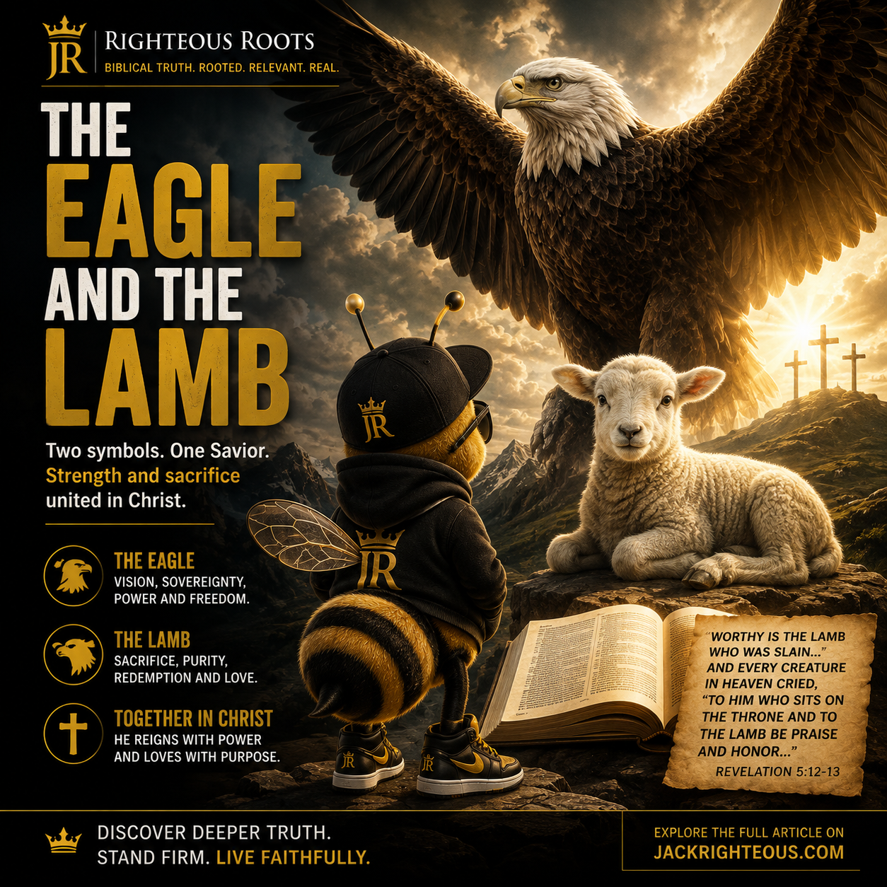 Bee Righteous studies an eagle and lamb beside an open Bible, symbolizing Christ’s strength, sacrifice and victory.