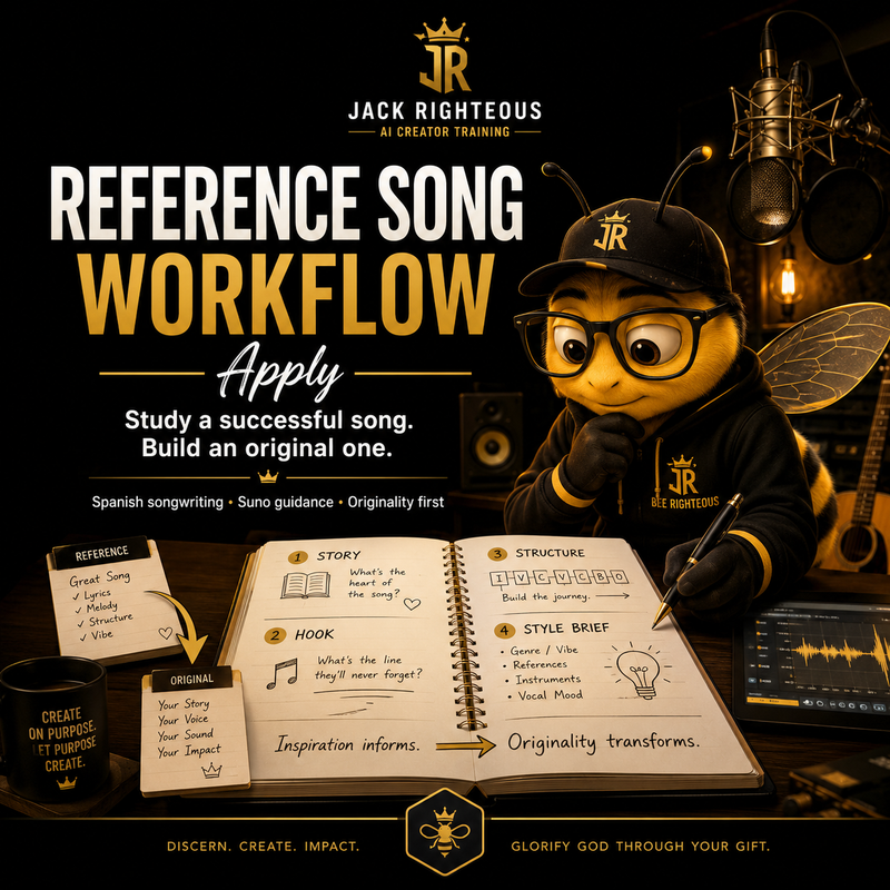 Bee Righteous studies a reference song workbook in a studio, turning inspiration into an original AI-assisted song.