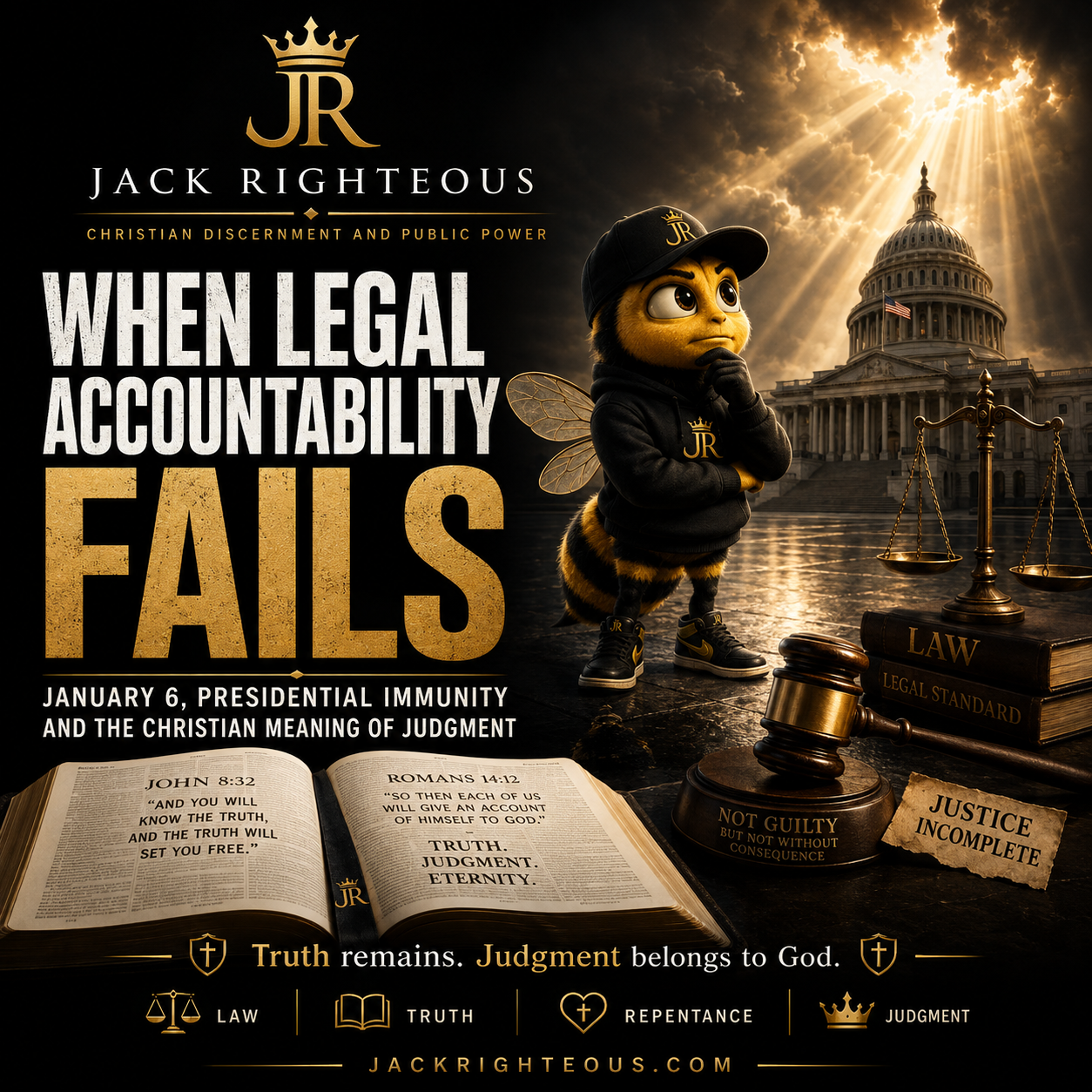 Bee Righteous weighs law, truth and judgment before the U.S. Capitol, exploring January 6 and presidential immunity.