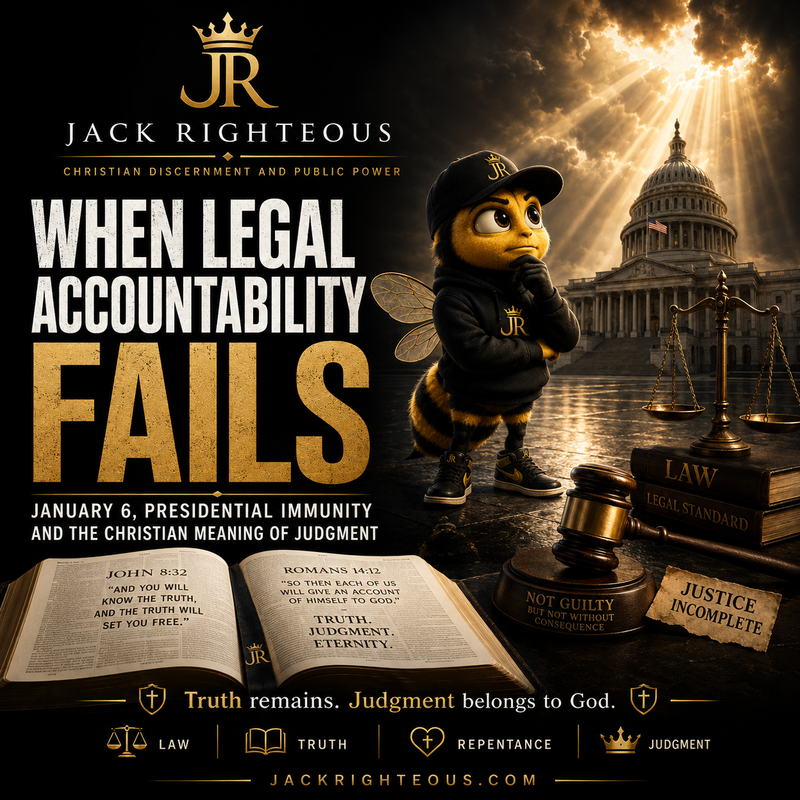 Bee Righteous weighs law, truth and judgment before the U.S. Capitol, exploring January 6 and presidential immunity.