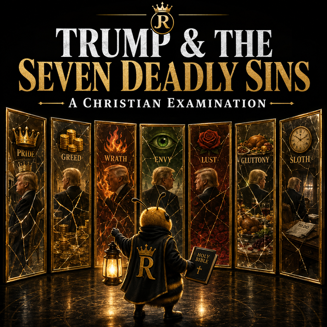Bee Righteous examines Trump through seven cracked mirrors symbolizing the deadly sins in a Christian moral analysis.