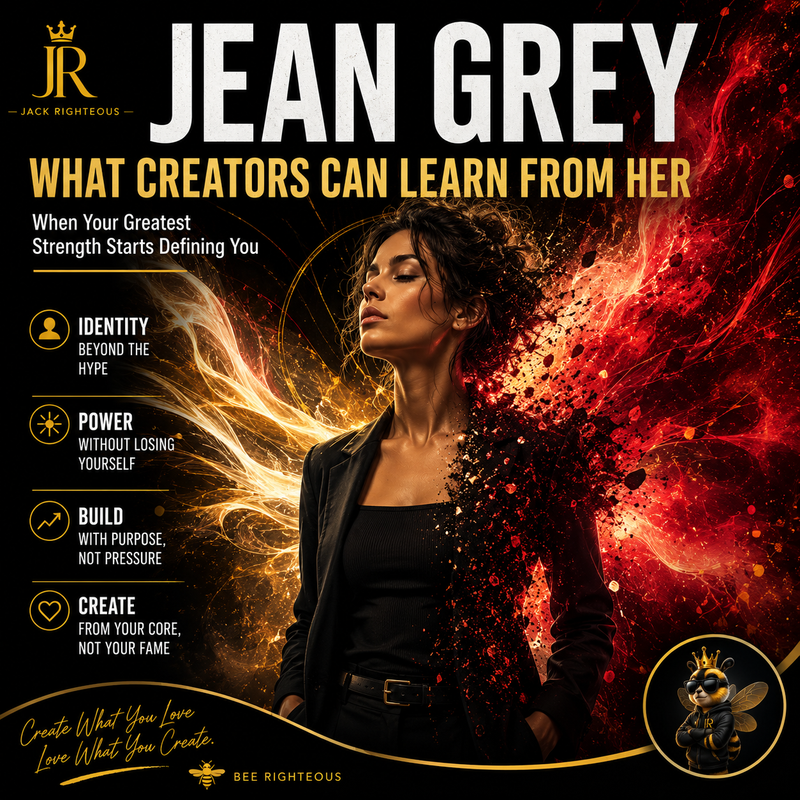Jean Grey creator lessons on identity, power, purpose and staying true to yourself, with Jack Righteous branding.