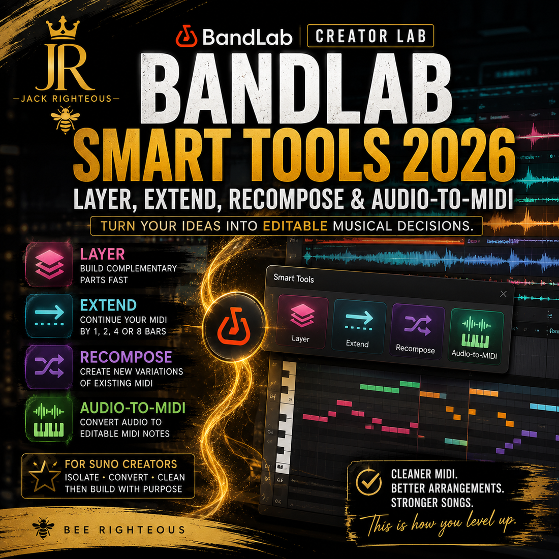 BandLab Smart Tools 2026 guide covering Layer, Extend, Recompose and Audio-to-MIDI for Suno and AI music creators.