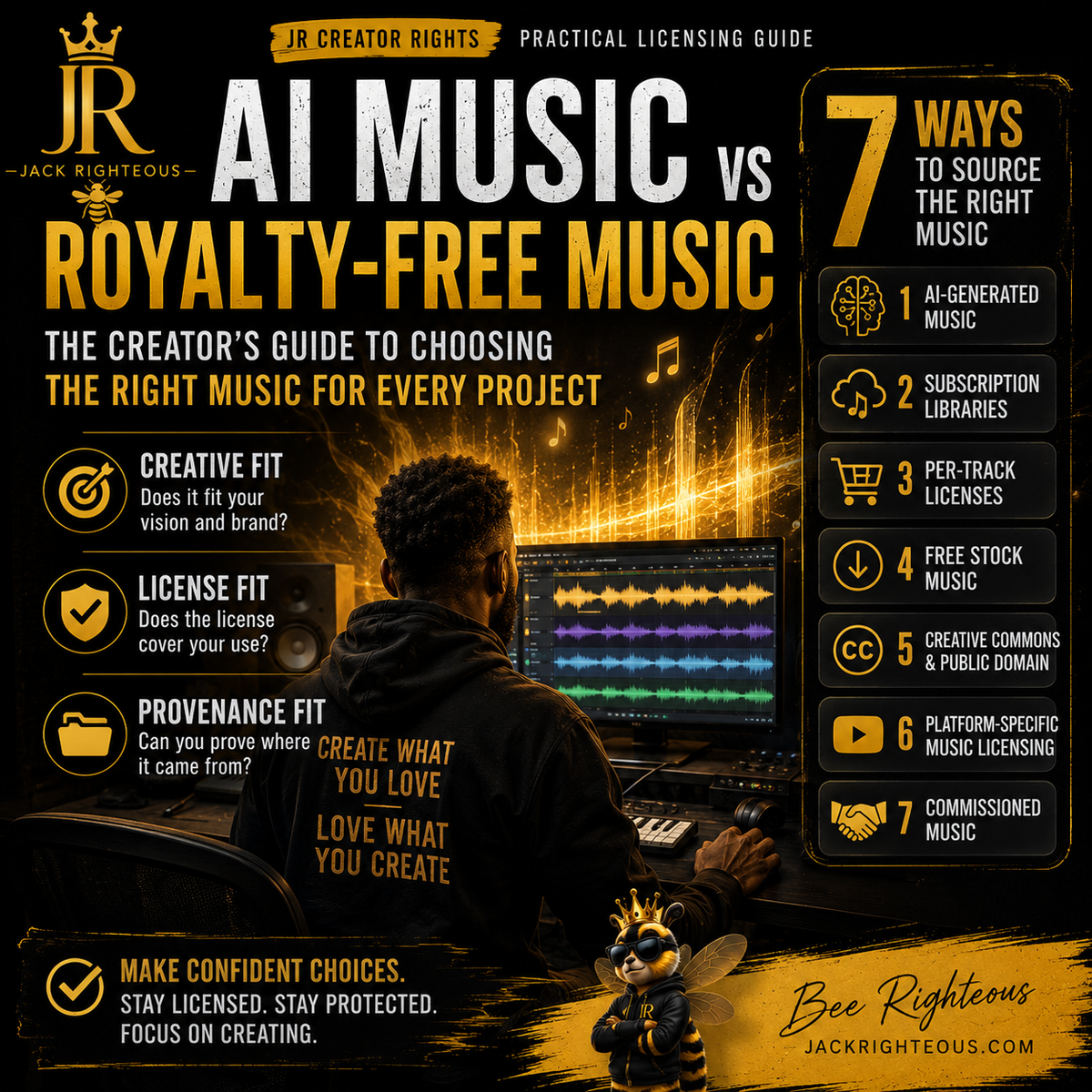 AI music vs royalty-free music licensing guide for creators comparing creative fit, license fit and provenance fit.
