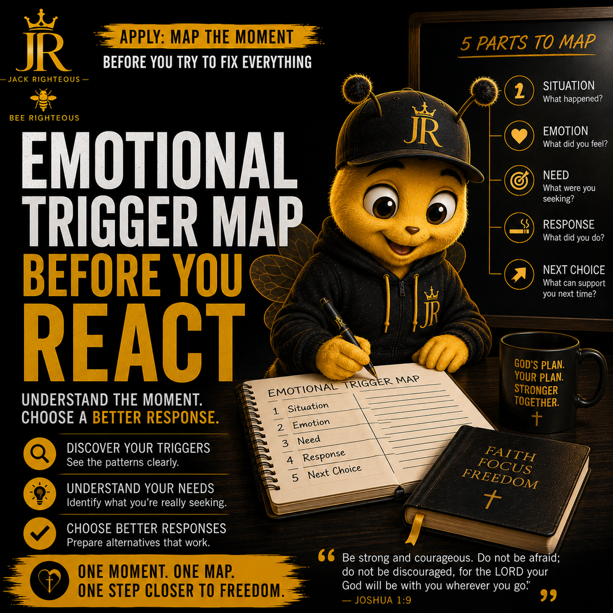 Bee Righteous guides a smoking trigger map to identify the situation, emotion, need, response and next healthier choice.