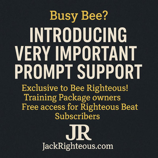 Promo cover introducing Very Important Prompt Support with JR branding, free access for Righteous Beat subscribers and Bee Righteous owners