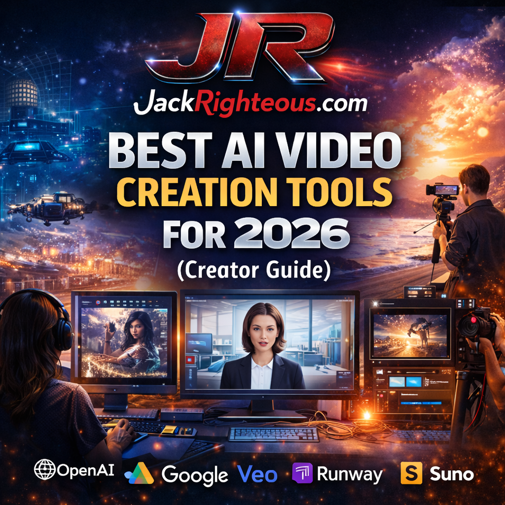 Best AI video creation tools 2026 cover with creator filming, AI interfaces, JR branding, and JackRighteous.com creator guide visuals