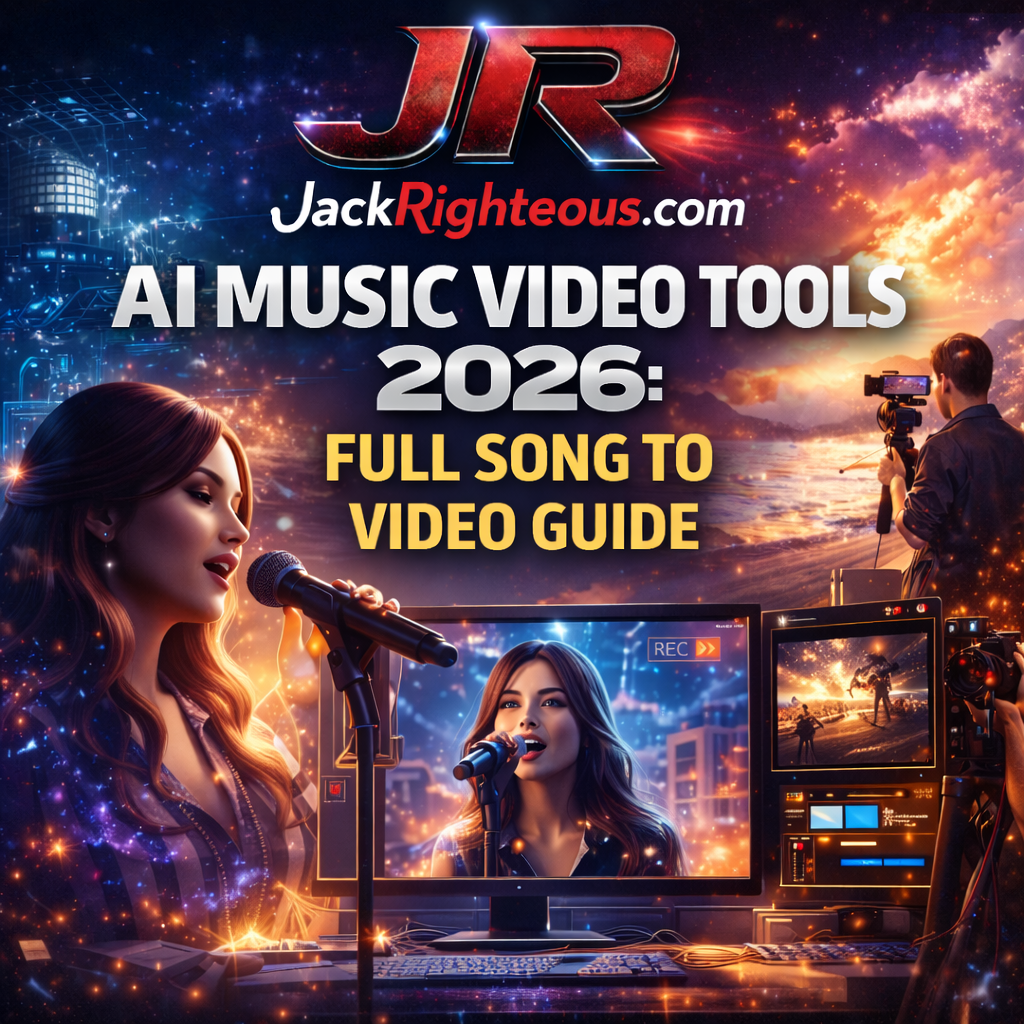 AI music video tools 2026 cover showing AI singer, video creation setup, JR branding, and JackRighteous.com full song to video guide
