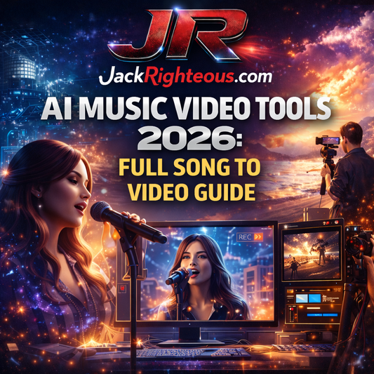 AI music video tools 2026 cover showing AI singer, video creation setup, JR branding, and JackRighteous.com full song to video guide