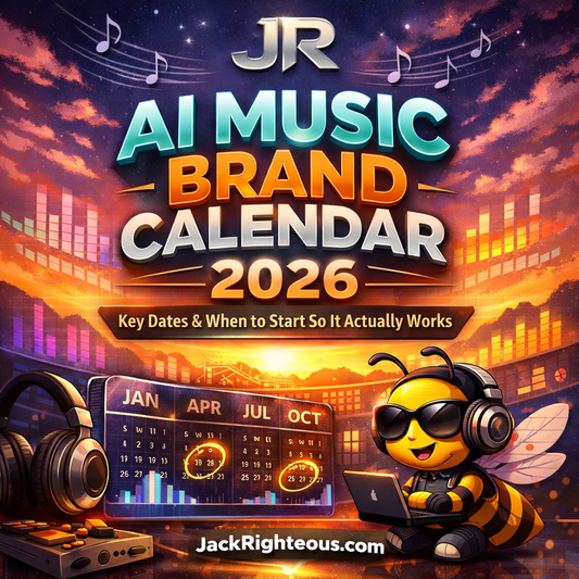 Stylized AI music brand calendar 2026 cover with seasonal timeline, music visuals, Bee Righteous mascot, and JackRighteous.com branding