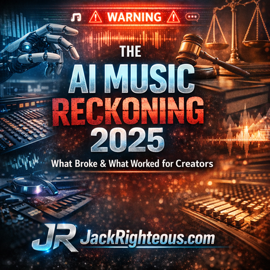 AI Music Reckoning 2025 cover showing AI, music, and copyright themes with stylized JR branding and JackRighteous.com logo