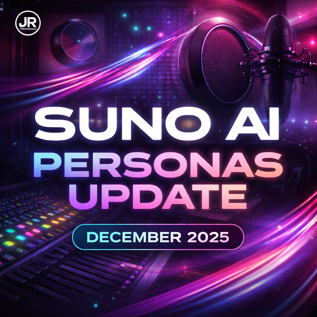 Suno AI Personas update December 2025 cover showing studio microphone, audio waveform, and album-mode vocal consistency concept