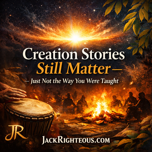 Creation Stories Still Matter cover art with cosmic dawn, tribal fire gathering, drum rhythm, and JackRighteous.com branding