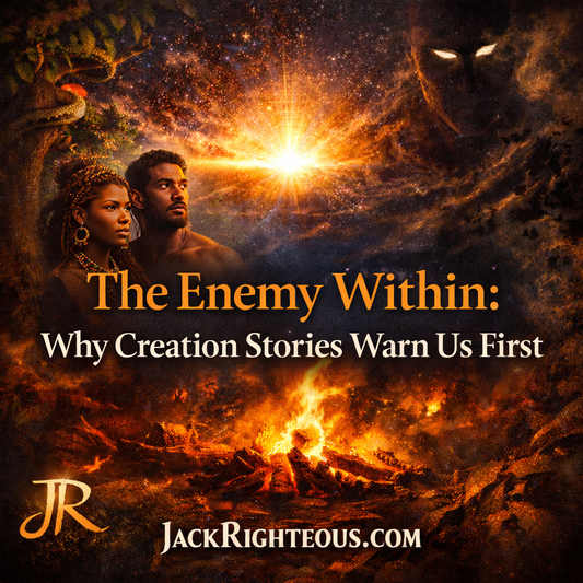 The Enemy Within cover art showing African Adam and Eve figures, cosmic creation light, inner conflict theme, and JackRighteous.com branding