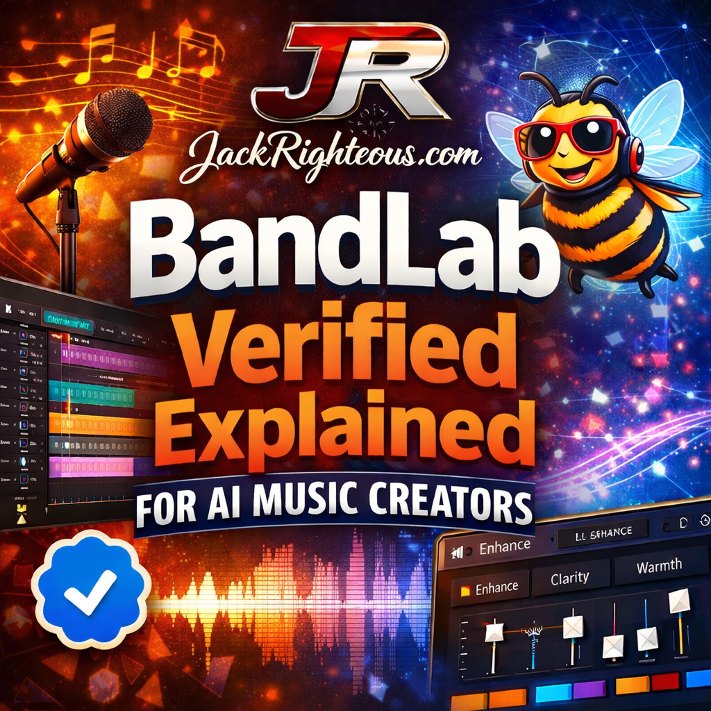 BandLab Verified guide for AI music creators with JR branding, music waveforms, mastering controls, and artist identity visuals