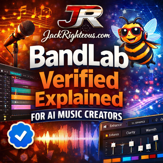 BandLab Verified guide for AI music creators with JR branding, music waveforms, mastering controls, and artist identity visuals