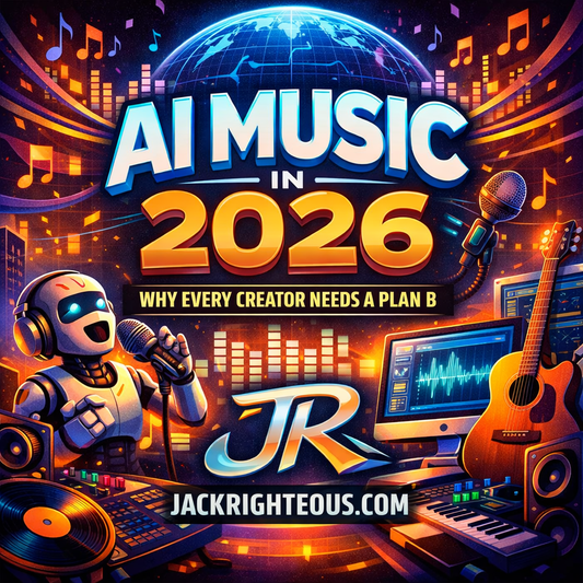 AI Music in 2026 cover showing futuristic music studio, singing robot, title text, JR logo, and JackRighteous.com branding