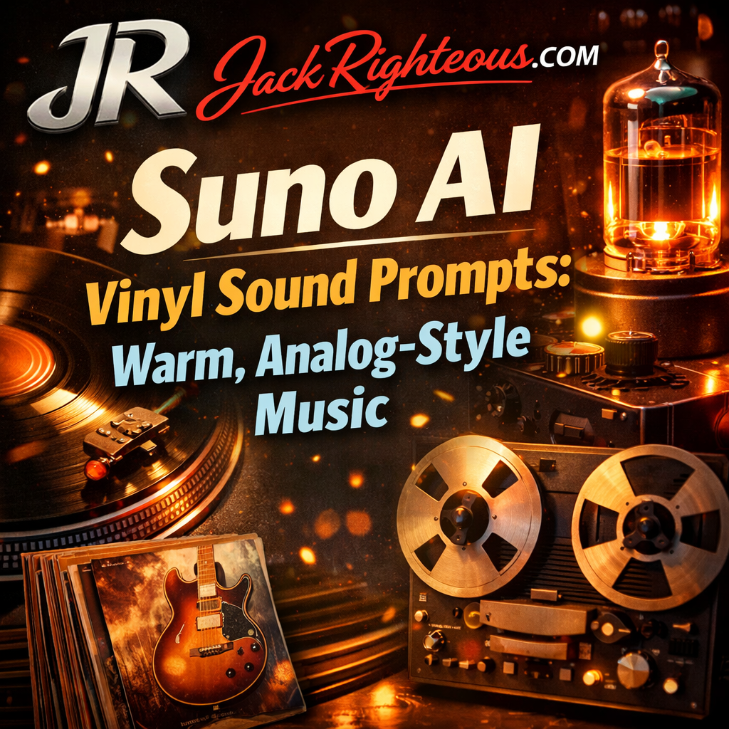 Suno AI vinyl sound prompts cover featuring turntable, analog tape gear, warm textures, and JackRighteous.com branding