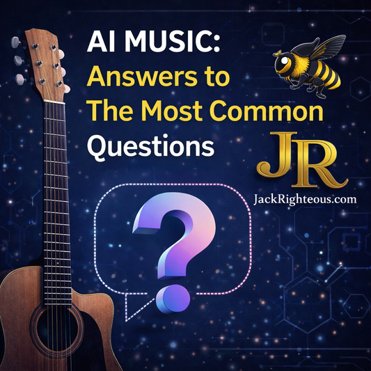 Cover image answering common AI music monetization questions, featuring Bee Righteous mascot, JR branding, and JackRighteous.com
