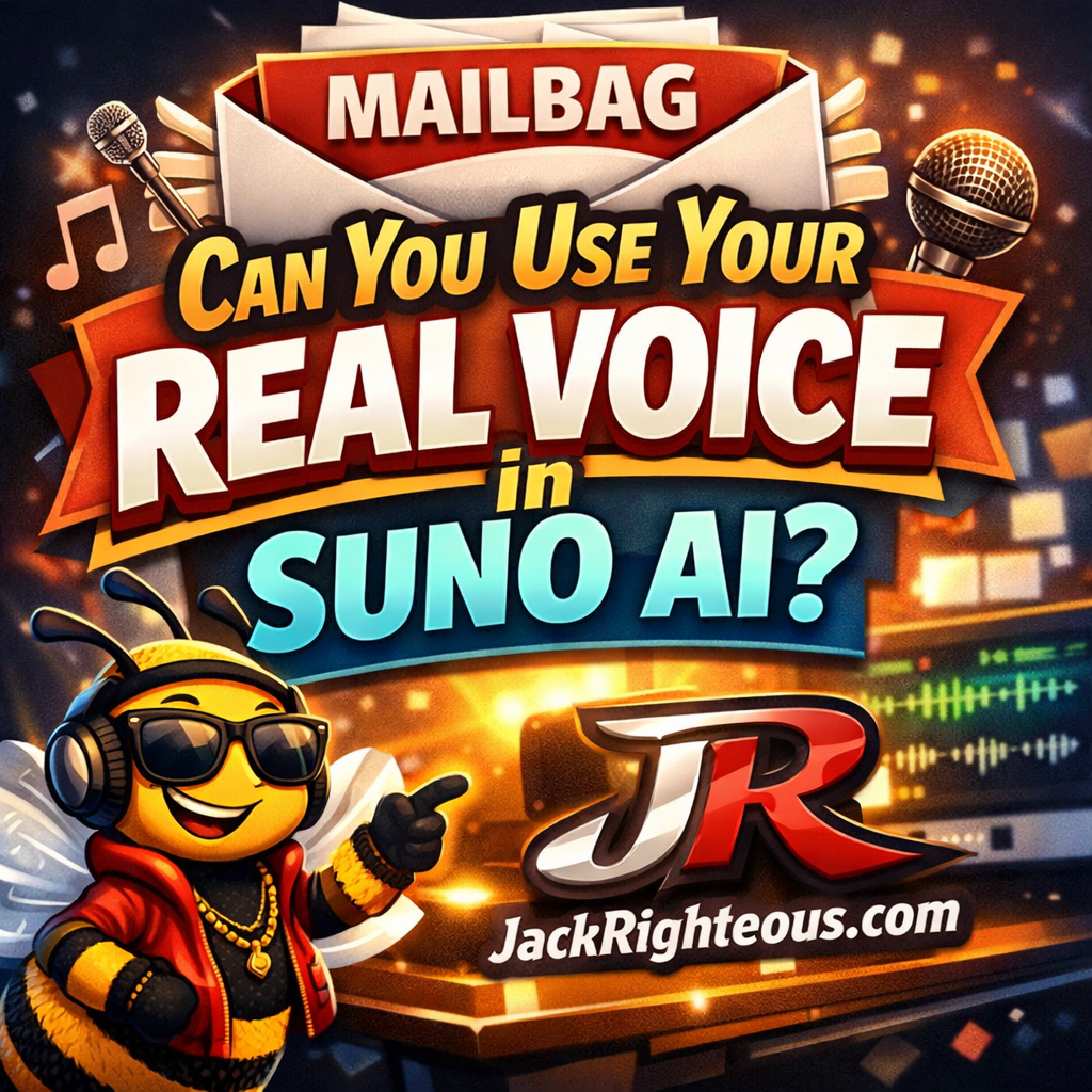 Mailbag cover art asking “Can you use your real voice in Suno AI?” with Bee Righteous bee, JR logo, JackRighteous.com