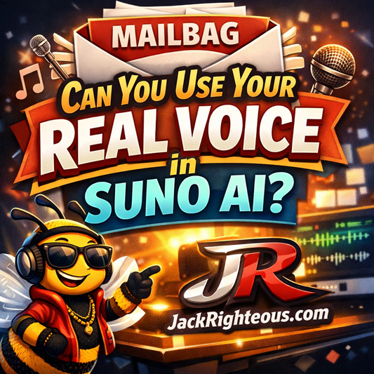Mailbag cover art asking “Can you use your real voice in Suno AI?” with Bee Righteous bee, JR logo, JackRighteous.com