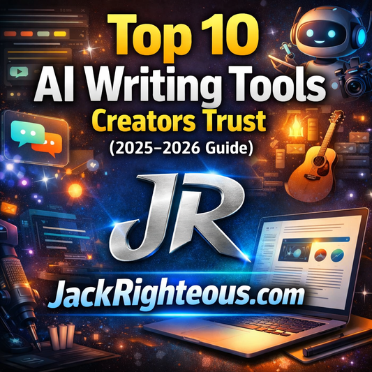 1:1 cover showing “Top 10 AI Writing Tools Creators Trust (2025–2026)” with JR logo, JackRighteous.com, and AI content visuals.
