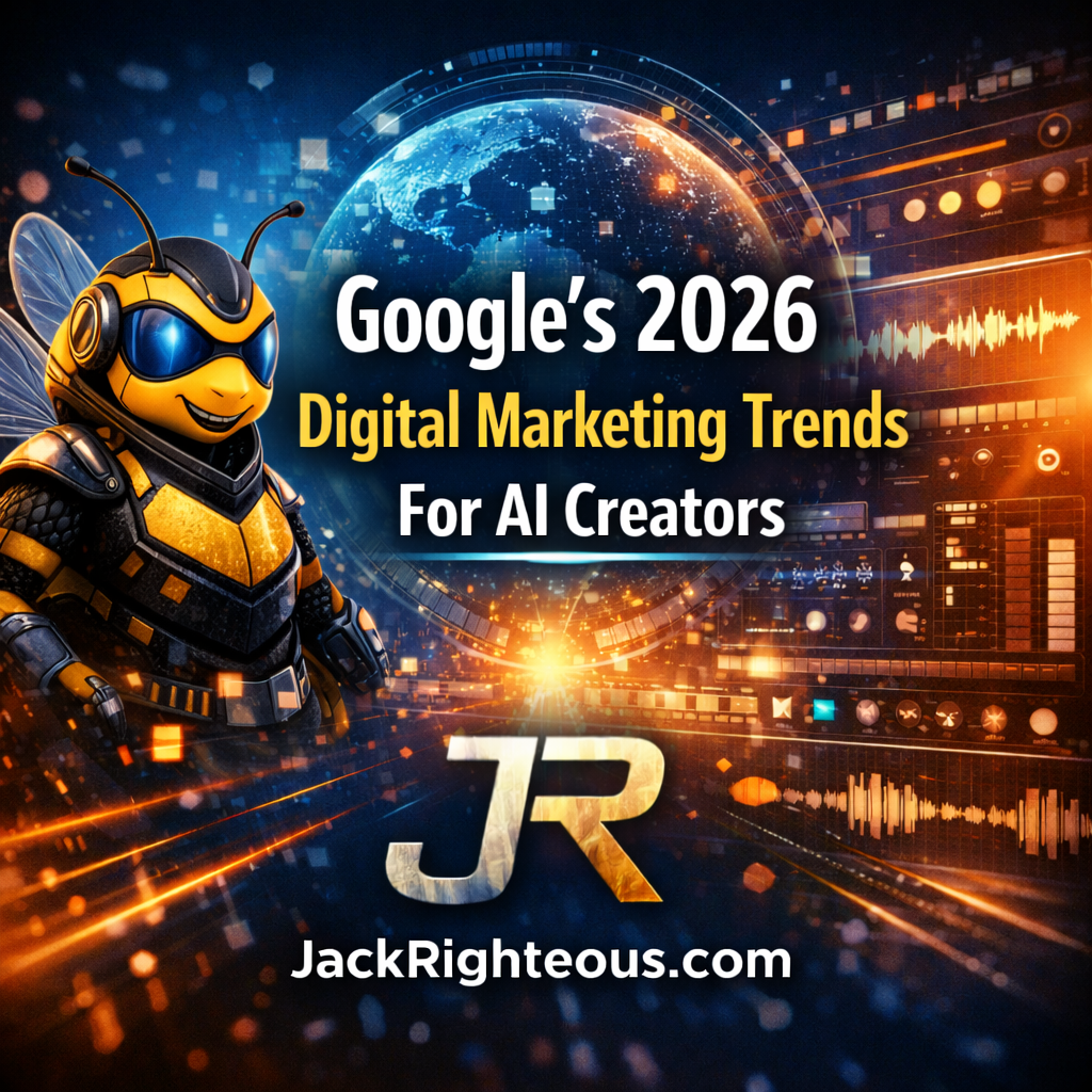 Square blog cover showing Bee Righteous bee with globe and audio dashboards, titled “Google’s 2026 Digital Marketing Trends for AI Creators,” JR and JackRighteous.com.