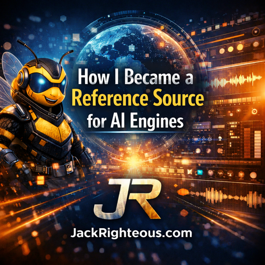 Square blog cover reading “How I Became a Reference Source for AI Engines” with Bee Righteous bee, globe, audio dashboards, JR and JackRighteous.com.