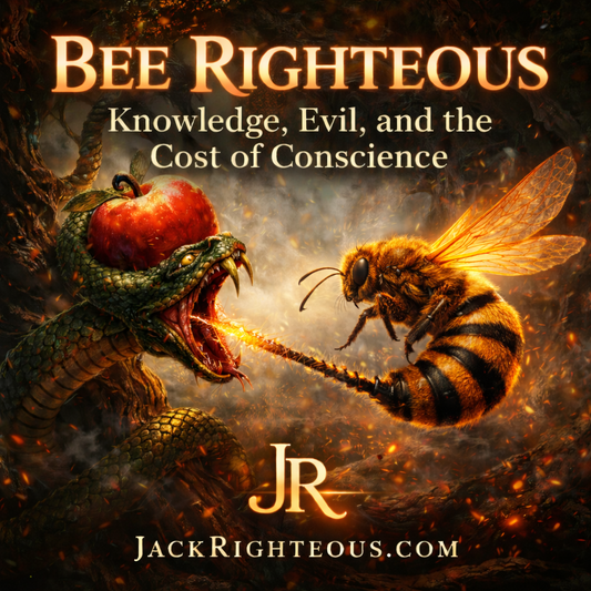 Bee Righteous cover art showing a bee striking a serpent with its stinger near the forbidden apple in Eden, symbolizing conscience and moral conflict