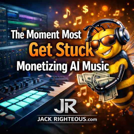 Bee Righteous mascot with music studio background illustrating where creators get stuck monetizing AI music